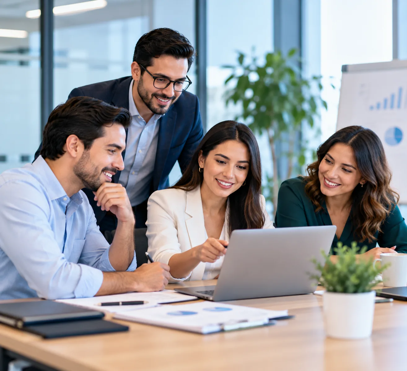 Equipo de profesionales colaborando en un entorno empresarial